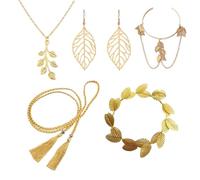 FveVqe 6Pcs Greek Goddess Accessories, Include Golden Laurel Leaf Headpiece, Tassels Waist Chain, Golden Leaves Arm Ring, Necklace and Earring for Women, Bridal Wedding Halloween Party