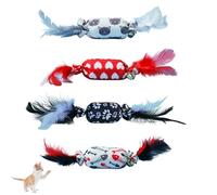 FveVqe Feather Cat Toys, Engaging Interactive Play for Indoor Cats and Kittens, 4-Piece Candy Feather Bell Set with Black Cat Fishbone Heart Designs