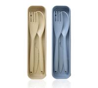 FVFVAHO Large Reusable Camping Cutlery Set for 2 Sets, Big Travel Cutlery Set With Case, Plastic Cutlery set for Adults Lunch Accessories, Portable Camping Travel Utensil for Daily Use(Blue+Beige)