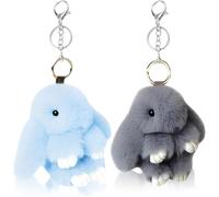 FVGYITG 2 Piece Rabbit Keychain with Soft Plush, Cute Bunny Charm, Sweet Plush Rabbit Keyring Pompom Keychain Decoration for Easter, Kids, Girls (Grey and Blue)