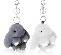 FVGYITG 2 pieces of soft plush rabbit key chains, beautiful rabbit pendants, cute plush rabbit key chains, pompom key chain decorations for Easter, children, girls (grey and light grey)