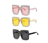 FVIZAL 3 Pack Elton John Glasses, Oversized Rectangle Sunglasses, Thick Frame Sparkling Crystal Bling Festival Glasses for Men Women Fancy Dress Costume Accessories, Yellow, 146mmx141mmx64mm