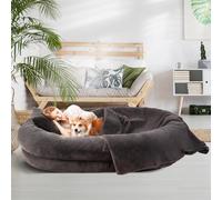 Fvkind Human Dog Bed for Adult,73"x56"x12" Washable Orthopedic Human Size Dog Bed, Faux Fur Removable Adult Dog Bed for Humans Doze Off, Cozy Large Human Dog Bed Present Blanket and Pillow, Dark Grey