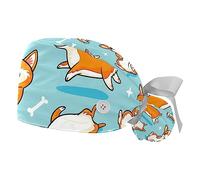 FVQL 2 Pack Scrub Caps Nurse Hats with Sweatband, Surgical Hats for Women, Dog Corgi and Bone