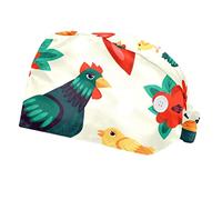FVQL Pack of 2 Surgical Cap Scrub Cap with Buttons, Cartoon Cock Chicken and Flower dot