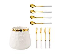 Fvstar Coffee Flatware Set, White Ceramic Jar with 4 Gold Forks and 4 Small Spoons, Creative Set for Coffee, Desserts, Party (White)