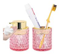 Fvstar Pink Bathroom Accessories Set,2pcs Glass Bathroom Accessory Set with Foam Soap Dispenser and Toothbrush Holder,Gold Soap and Toothbrush Holder Sets,Perfect for Housewarming Gift,Home Decor