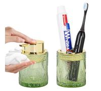Fvstar Thick Glass Bathroom Accessories Set,Toothbrush and Toothpaste Cup Holder,Foaming Hand Soap Dispenser and Toothbrush Holder Set,Cute Vanity Countertop Organizer for Bathroom Decor (Green)