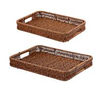 Fvstar Woven Serving Tray with Handles,Handmade Poly Wicker Tray for Storage Breakfast,Drinks,Fruits,Rectangular Basket Organizer Platters for Coffee Table Centerpiece Decor (2, Dark Color)