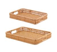 Fvstar Woven Serving Tray with Handles,Handmade Poly Wicker Tray for Storage Breakfast,Drinks,Fruits,Rectangular Basket Organizer Platters for Coffee Table Centerpiece Decor (2, Light Color)