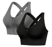 FVXYnnv 2 Pack Sports Bras for Women, Zip Up Front Close Medium Support Seamless Padded Wireless Workout Running Yoga Gym Bra (Black Grey, XXL)