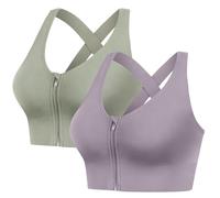 FVXYnnv 2 Pack Sports Bras for Women, Zip Up Front Close Medium Support Seamless Padded Wireless Workout Running Yoga Gym Bra (Green Purple, XXL)