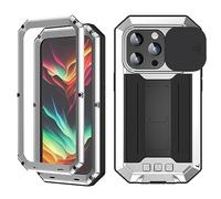 FW Compatible with iPhone 15 Pro Max Metal Case with Slide Camera Cover Built in Screen Protector Full Body Hybrid Case Metal Kickstand Military Heavy Duty Armor Silicone Case for Man Woman (Sliver)