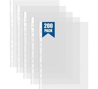 FWEEK 200 Pcs Punched Pockets A4 Clear 60 Micron Strong Plastic Wallet Sleeves, Top Opening Poly Pockets for Ring Binder Folders (50C White)