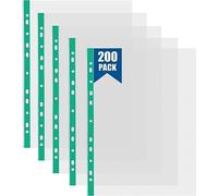 FWEEK 200 Pcs Punched Pockets A4 Clear 80 Micron Strong Plastic Wallet Sleeves, Top Opening Poly Pockets for Ring Binder Folders, Green Edge
