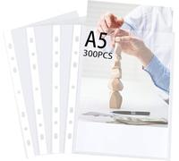 FWEEK 300 Pcs Punched Pockets A5 Clear 90 Micron Strong Plastic Wallet Sleeves, Top Opening Poly Pockets for 7 Ring Binder Folders
