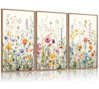 FWIEXA Floral Canvas Wall Art, Framed Wildflower Pictures Wall Decor, Large Flower Prints, Colorful Botanical Artwork, Watercolor Painting 3 Panel 16x24 Inches for Living Room, Bedroom, Office, Home