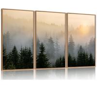 FWIEXA Misty Forest Wall Art Set Framed, Large Mountains Canvas Wall Decor, Green Nature Wall Painting, Foggy Tree Landscape Artwork 3 Panel 24x36 Inches for Living Room, Bedroom, Office, Gift