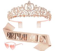 Fwiuegwe 3Pcs Birthday Sash and Tiara Set, Alloy Glitter Rhinestone with Matching Accessory for 18th 21st 30th 40th 50th Celebrations, Happy Birthday Queen Favours (Rose Gold A)