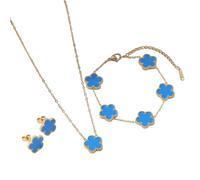 FWJUNHUYC Plated 18k double-sided clover women's necklace stud bracelet three-piece jewelry niche plan high-end light luxury jewelry set, Chalcedony