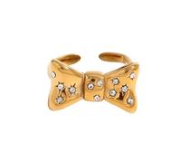 FWJUNHUYC Women's fashion niche design personality hand ornament stainless steel plated 18K gold micro set bow open ring women, Chalcedony