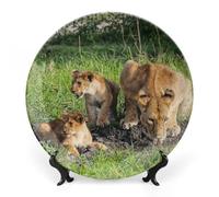 FWJZDSP 10" Decorative Plate Wildlife Lioness Round Ceramic Plate with Display Stand Modern Porcelain Table Plate Wall Hanging Decoration for Home Office Collectible Art Souvenir