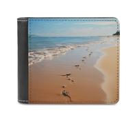 FWJZDSP Beach Footprints Men's Wallet Large Capacity Leather Wallet Slim Billfold Cardholder with ID Window Bifold Purse for Everyday Use