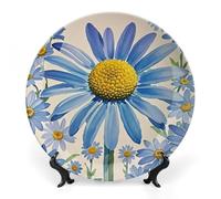 FWJZDSP Blue Flower Watercolor Daisy Decorative Ceramic Plate Round Porcelain Plate Decor Personalized Bone China Decorative Plates Ceramic Ornaments Dessert Plates with Display Stand 8inch