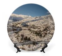 FWJZDSP Decorative Ceramic Plate for Home Decor, Mountain Snow Winter Village Plates with Display Stand, Porcelain Dessert Dish, Modern Dinning Table Kitchen Coffee Table Decor Tray Ornament 7"