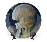 FWJZDSP Decorative Wall Hanging Plates 10", Round Plate with Display Stand, Ceramic Dinner Plates, Jellyfish Animal Ocean Porcelain Plate, Thanksgiving & Christmas Wall Decoration