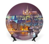 FWJZDSP Decorative Wall Hanging Plates 6", Round Plate with Display Stand, Ceramic Dinner Plates, Prague Praha Winter Night Porcelain Plate, Thanksgiving & Christmas Wall Decoration