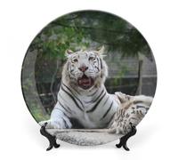 FWJZDSP Decorative Wall Hanging Plates 8", Round Plate with Display Stand, Ceramic Dinner Plates, White Tigers Animal Porcelain Plate, Thanksgiving & ChristmasHome Wall Decoration