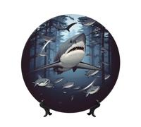 FWJZDSP Funny Sharks Design Bone China Decorative Plate with Picture Personalized Porcelain Dinner Plates with Display Stand, Ceramic Decorative Plate for Wall Hanging Ornament 8in