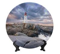 FWJZDSP Landscape Ceramic Decorative Plates, White Lighthouse Round Decorative Plate, with Decorative Bracket, for Living Room Bedroom Kitchen and Office Table Wall Dining Table Decor, 8 inch
