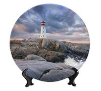 FWJZDSP Landscape Ceramic Decorative Plates, White Lighthouse Round Decorative Plate, with Stand Ornament, for Kitchen Dining Room Wine Cabinet Home Art Decor, 10 inch
