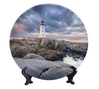 FWJZDSP Landscape Ceramic Decorative Plates, White Lighthouse Round Decorative Plate, with Vertical Stand, for Living Room, Bedroom, Kitchen or Office Wall Hanging, 6 inch