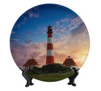 FWJZDSP Landscape Ceramic Hanging Decorative Plate, Red and White Lighthouse Round Decorative Plate, with Vertical Stand, for Living Room Bedroom Kitchen or Office Wall Hanging, 6 inch