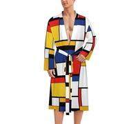 FWJZDSP Mondrian Style Mens Summer Robes Lightweight Bathrobe Bath Robe Knee Length Shawl Collar Loungewear