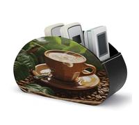 FWJZDSP Remote Control Holder, Leather TV Coffee And Green Leaves Remote Caddy Organizer, Desktop with 5 Compartments, Bedside Table Organizer for Home, Office, Living Room, Nightstand