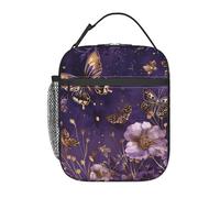 FWJZDSP Reusable Butterfly Lunch Box for Kids Girls Women Adult, Insulated Gold and Purple Floral Lunch Bag,Polyester Cooler Handbags Case for School Picnic Work Travel Beach or Hiking