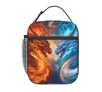 FWJZDSP Reusable Epic Dual Dragon Lunch Box for Kids Girls Women Adult, Insulated Fiery Red & ICY Blue Battle Lunch Bag,Polyester Cooler Handbags Case for School Picnic Work Travel Beach or Hiking
