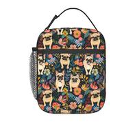 FWJZDSP Reusable French Bulldog Lunch Box for Kids Girls Boys Women Adult, Insulated Cute Dog Lunch Bag,Polyester Cooler Floral Handbags Case for School Picnic Work Travel Beach or Hiking (Dark)