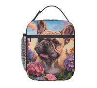 FWJZDSP Reusable French Bulldog Lunch Box for Kids, Insulated Dog and Colorful Floral Bag,Polyester Cooler Pet Lovers Handbags Case for School Picnic Work Travel Beach or Hiking, Gifts