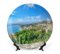 FWJZDSP View Ocean Sea Coastline Ship Commemorative Decorative Plates for Wall Hanging Decor 7" Ceramic Holiday Party Wedding Collection Porcelain Plate with Display Stand Home Decoration