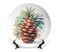 FWJZDSP Watercolor Pine Cone Decorative Ceramic Plate Round Porcelain Plate Decor Personalized Bone China Decorative Plates Ceramic Ornaments Dessert Plates with Display Stand 8inch