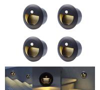 FWoche recessed Wall Light with Motion Sensor, 3000K, 4 Pieces, 1.5W, Round Wall Light, IP65, 65mm, Hallway Light, Outdoor Stair Light, Sensor with Junction Box, Aluminum, 230V, Black