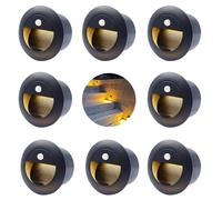 FWoche Staircase Light with Sensor, Outdoor Step Lights Motion Detector 3000K, 1.5W Round LED Step Night IP65 Waterproof 65mm, Wall Recessed Lamp with Box Aluminum, 230V, Black housing, 8pcs