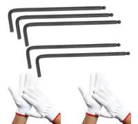 FWORUAIS 5pcs 4mm Ball End Hex Key Wrench - Metric L Shaped Long Arm CR-V Repairing Tool with 2 Pairs Work Gloves for Bike Maintenance, Furniture Assembly, DIY Repair