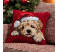 FWRTYCB Latch Hook Cushion Kits for Adults Christmas Dog Cute Yorkshire Puppy Red Hat Rug Pillowcase Kids Beginner DIY Needlework Embroidery Kits Handmade Set Craft Sofa Home Decor 43x43cm,1pcs