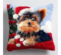 FWRTYCB Latch Hook Cushion Kits for Adults Christmas Dog Cute Yorkshire Puppy Xmas Hat Rug Pillowcase Kids Beginner DIY Needlework Embroidery Kits Handmade Set Craft Sofa Home Decor 43x43cm,1pcs